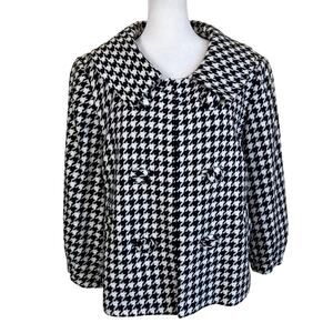 ND Sz XL Black/White Houndstooth Retro Swing Coat Chunky Buttons Puff Sleeve